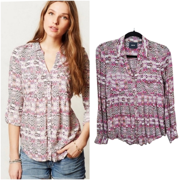 Anthropologie Maeve Islet Floral Print Button Down Rayon Casual  Summer XS - Picture 1 of 16